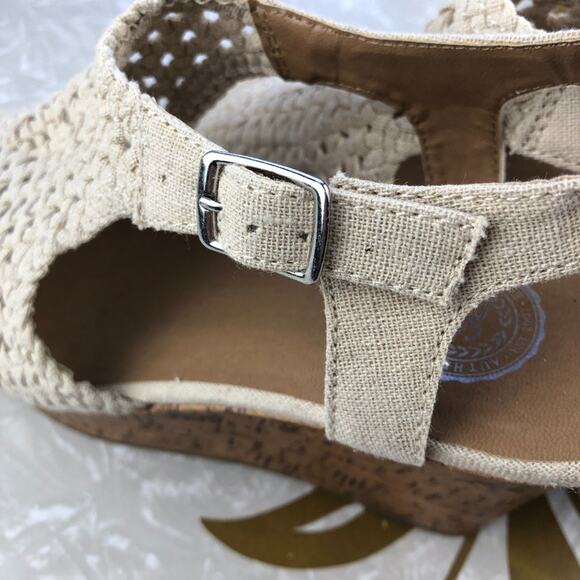 SO Natural Cream Tan Perch Basket Woven Cork Wedge Strappy Heel Sandal Shoes - Picture 8 of 11